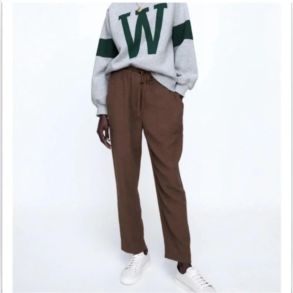 Zara Women’s Brown Textured Straight Drawstring Pants Size XS